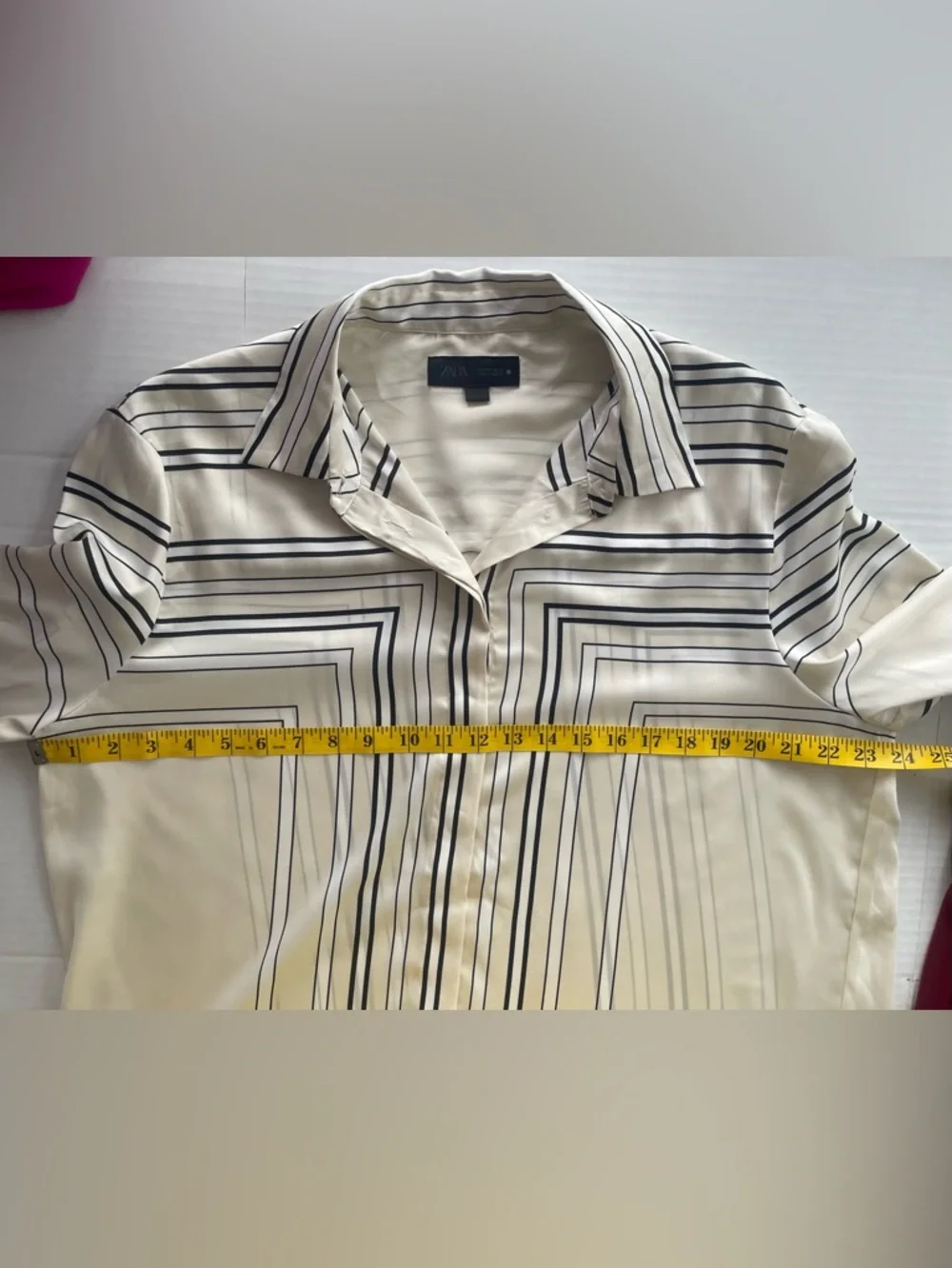 Zara Cream and Black Striped Geometric Button-Up Blouse